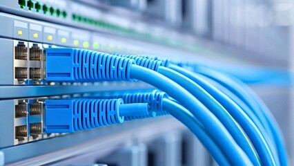 Fototapeta premium Blue Ethernet Cables Connected to Network Switch in Data Center with Blurry Background