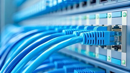 Fototapeta premium Close-up View of Ethernet Cables Connected to Network Switch in Data Center Environment