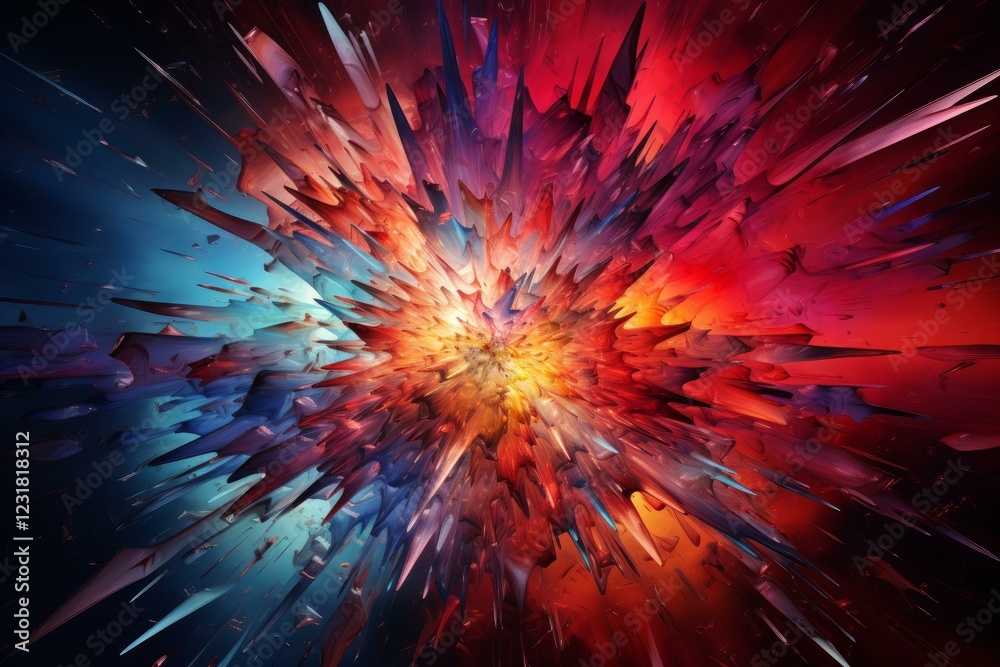 Poster abstract crystal explosion expanding in a colorful starburst design, creating a vibrant and dynamic 