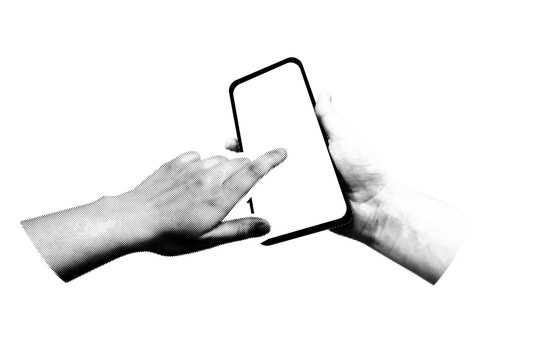cut out monochrome  halftone element with hand holding smart phone. Modern vector rock Collage illustration isolated  on a transparent background