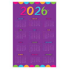 One page 2026 abstract wall calendar, January to December template vector design with vibrant color. Calendar page size 27.7 x 42