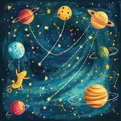 Naklejka premium A playful chameleon juggles planets among the stars