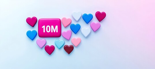Social Media 10 Million Celebration Banner With Colorful Hearts On Gradient Background