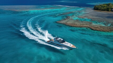 Naklejka premium High-Speed Motorboat Racing Across the Open Sea, Leaving a Trail of White Waves