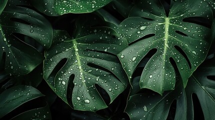 Fototapeta premium Lush green leaves with water droplets.