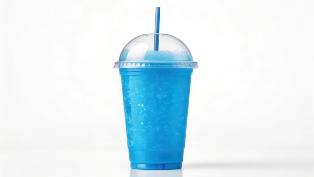 Blue frozen drink in a plastic cup with a straw, perfect for a refreshing moment on a white background