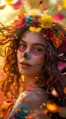Fototapeta premium A beautiful woman with intricate sugar skull face paint to prepare for the Day of the Dead. vibrant floral decorations, capturing the spirit of Dia de los Muertos with artistic elegance.