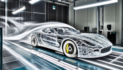 Sports Car in Wind Tunnel with Aerodynamic Flow Visualization, Engineering and Design.