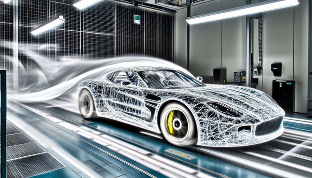 Sports Car in Wind Tunnel with Aerodynamic Flow Visualization, Engineering and Design.