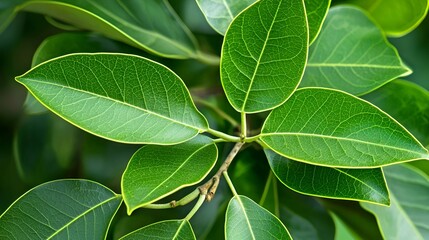 Naklejka premium Lush green leaves, vibrant foliage, sunlight, nature background, botany