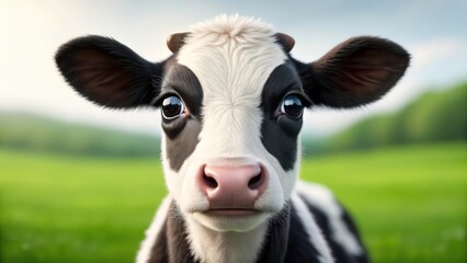 Illustration of a cow on a green field background, symbolizing the serene rural life