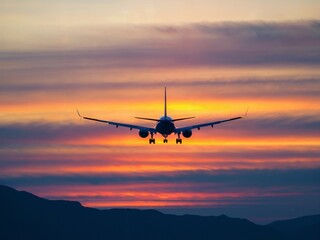 Airplane Taking Off Or Approaching Landing Against Dramatic Sunset Over the Mountains