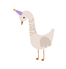 Goose with garland, joy, funny. Birthday goose vector hand drawn illustration. Goose celebrate happy Birthday. Kids, baby, children cartoon illustration
