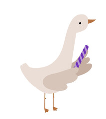 Goose with salut. Birthday goose vector hand drawn illustration. Goose celebrate happy Birthday. Kids, baby, children cartoon illustration