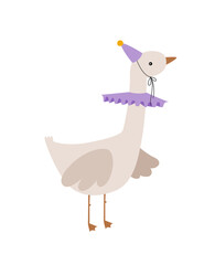 Goose clown. Birthday goose vector hand drawn illustration. Goose celebrate happy Birthday. Kids, baby, children cartoon illustration