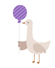Goose with balloon. Birthday goose vector hand drawn illustration. Goose celebrate happy Birthday. Kids, baby, children cartoon illustration