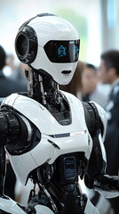 Fototapeta premium Futuristic humanoid robot with sleek design and blue eyes, standing in a crowded high-tech environment, blending technology with modern aesthetics.