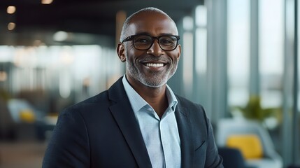 Obraz premium Confident and Successful Businessman Smiling in a Modern Office Representing Leadership, Professionalism, and Corporate Success. Generative ai