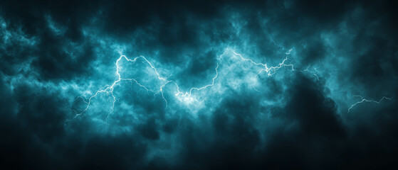 Fototapeta premium Swirling blue smoke and white lightning illuminate a stormy black sky