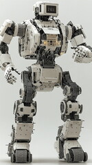 Robotic humanoid figure standing upright with articulated joints, showcasing advanced technology and mechanical design suitable for industrial applications.