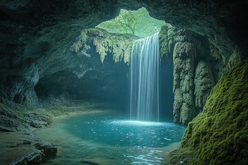 A mystical cave entrance hidden behind a waterfall, where the water glows with a soft, ethereal light. The cave walls are covered in luminescent moss, and the scene is both magical and mysterious.