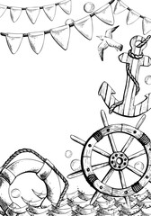 Lifebuoy, ship s wheel, anchor floating on the waves and flags. Graphic illustration on a nautical theme, hand-drawn line art in black and white monochrome. Vertical rectangular frame template