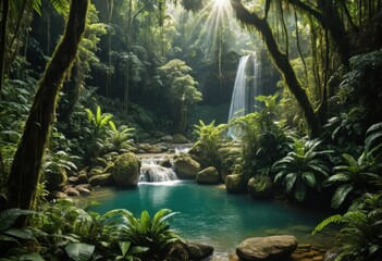 Lush Emerald Waterfall Cascading Through a Sun-Dappled Rainforest Paradise