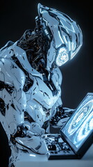 Fototapeta premium Futuristic humanoid robot interacting with a glowing laptop screen in a dark, high-tech environment highlighting advanced technology and metal details.