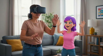 Woman, VR headset and avatar for virtual reality, technology and gaming. Person, simulation and interaction with digital, entertainment and experience