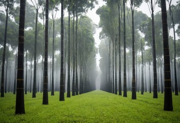 Obraz premium Mystical Fog Envelops a Serene Bamboo Forest Path, Leading to a Misty Horizon