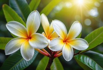 Radiant Plumeria Blossoms: Vibrant Tropical Flowers in Sunlight