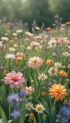 Obraz premium Lush field of assorted wildflowers with vivid colors and greenery swaying in the gentle breeze