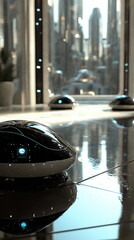 Robots resting on a shiny floor in a futuristic urban setting, with tall buildings and bright lights creating a modern backdrop for technology enthusiasts.