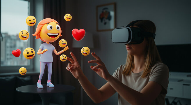 Woman, VR headset and emoji for virtual reality, technology and entertainment. Person, game and digital with avatar, simulation and experience - Powered by Adobe