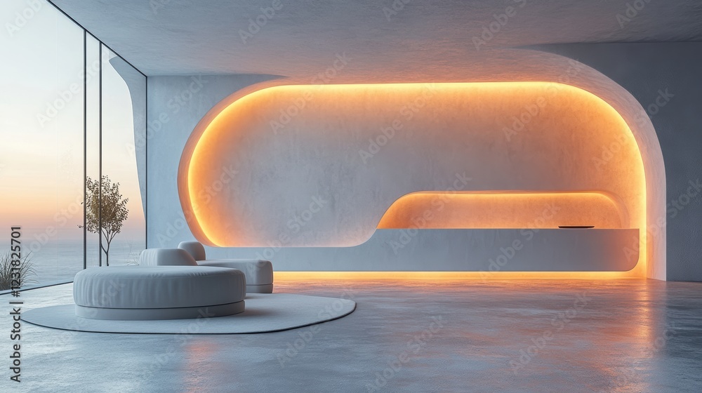 Poster a contemporary interior space showcasing modern design elements with soft lighting. the clean lines 