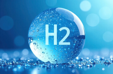 Blue transparent hydrogen molecule on a blue background.
