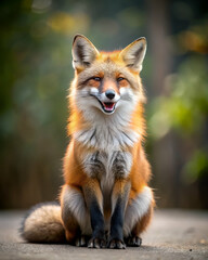 Fototapeta premium A cheerful fox sits elegantly, showcasing its vibrant orange fur and playful demeanor against a blurred natural background.