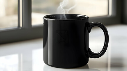 Obraz premium A plain black coffee mug on a white surface, with steam rising from the cup