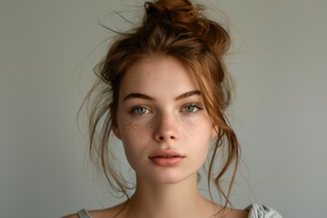 Young caucasian female with calm expression. Neural network AI generated