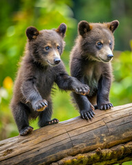 Fototapeta premium Two playful bear cubs explore a log in a lush green forest, showcasing their curiosity and adorable features.