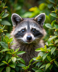 Obraz premium A curious raccoon peeks through vibrant green foliage, showcasing its expressive eyes and distinctive facial markings in a natural setting.