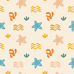 Boho Organic Summer Pattern. Abstract Beach Hand Drawn Background. Boho Sun And Palm Print. Vector Illustration Cutout Naive Style. Ocean Coral Sun Seamless Pattern for Textile. Modern Groovy Bg.