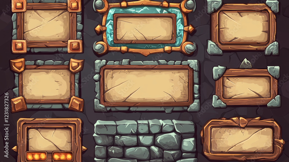 Wall mural game gold and silver fantasy frames in medieval style. vector cartoon set of rpg game ui design elem
