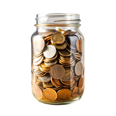  Glass Jar of coins on white background
