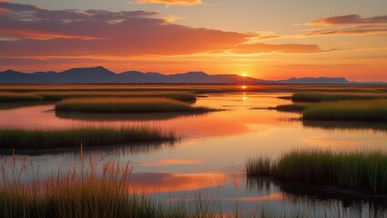 Fototapeta premium Scenic Sunset Landscape View Over a Sea with Mountains in the Background