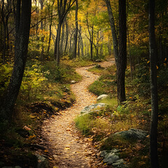 Obraz premium Winding Trail Through Autumn Woods: An inviting dirt path meanders through a vibrant forest ablaze with autumnal hues, bathed in soft, natural light, offering a sense of serenity and exploration.
