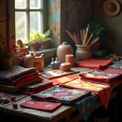 Enchanting Handcrafted Textiles and Art Supplies on Rustic Wooden Table