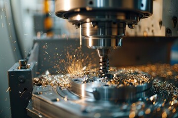 Metalworking cnc milling machine cutting metal workpiece with sparks flying at factory