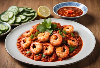 Spicy Shrimp Scampi with Cilantro and Cucumber Garnish: Vibrant Food Photography