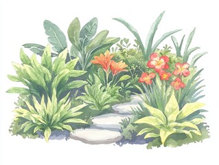 Fototapeta premium Vibrant floral arrangement with lush greenery garden path watercolor art serene nature setting side view botanical beauty